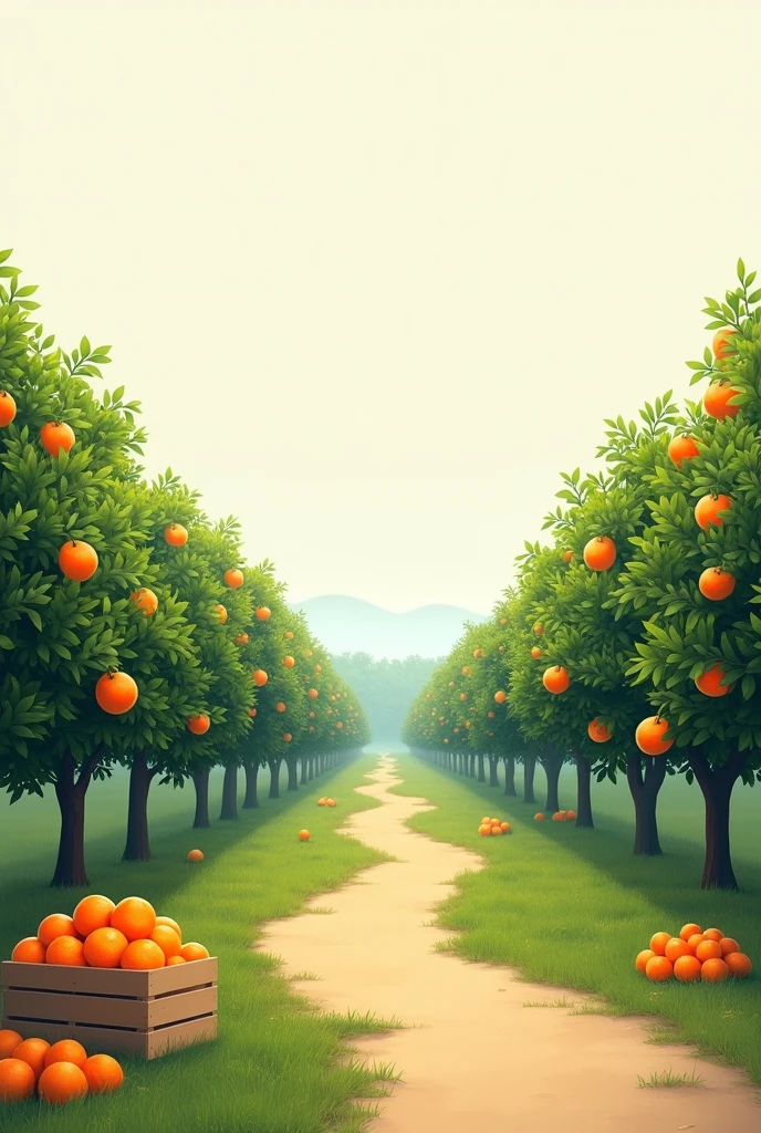 landscape of a field with madarin trees and an almost white sky with a path in the middle of the trees with boxes of tangerines