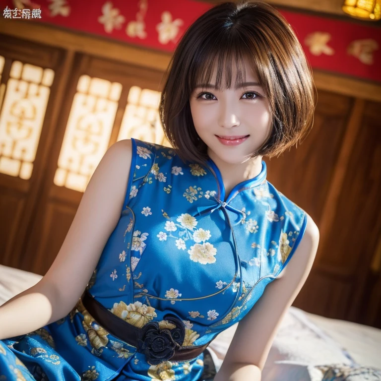 (8K、RAW photo、highest quality、masterpiece:1.5)、(realistic、Photoreal:1.37)、super detailed、超A high resolution、1 girl、see the beholder、beautiful and detailed face、laughter、narrow、(slim waist) :1.3)、shortcut、Beautiful and smooth skin、skin texture、floating hair、professional lighting、Chinese Teahouse Background、human body as a whole、Brown Short Bob、(on top of the cheongsam,golden floral pattern on blue)、(big breast:1.2)、