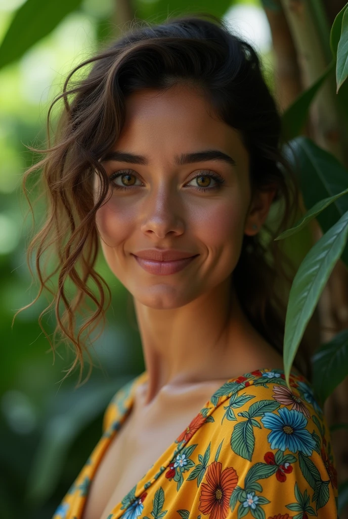 A Brazilian woman in a lush tropical garden, wearing an open shirt with a floral print, with a close-up capturing the harmonious beauty between her breasts and the natural flowers, showing off your natural charm and outgoing personality.