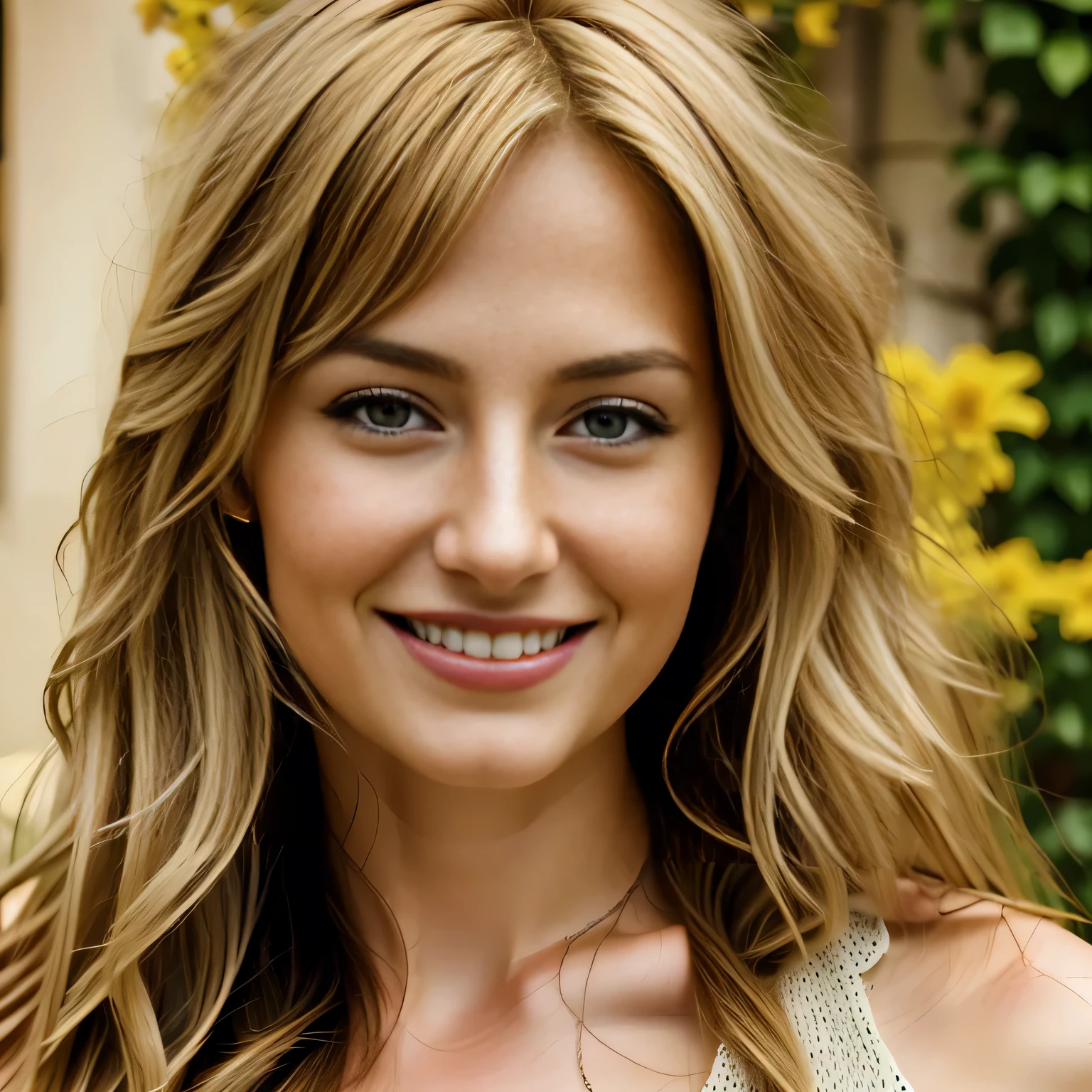 photorealistic, age 29, honey blondy hair, green dark eyes, beautifull smile, detail face, headshot, named Jasmin