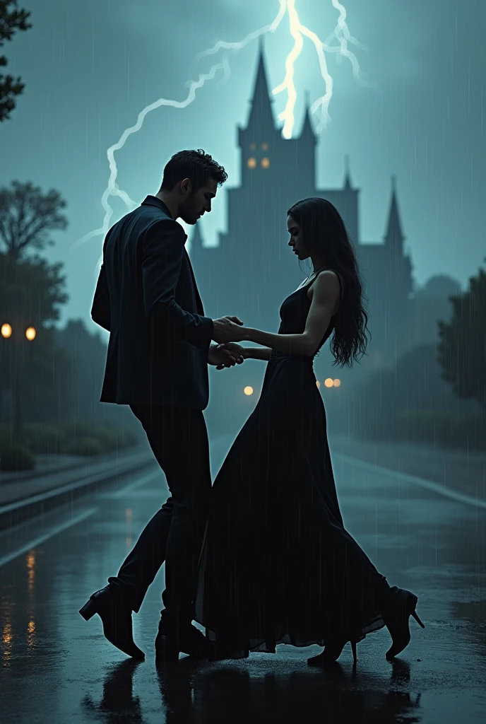 Two handsome skinny men dressed in black long suits without a shirt under the rain dancing bautiful liar on top of a black castle falling rain and lightning