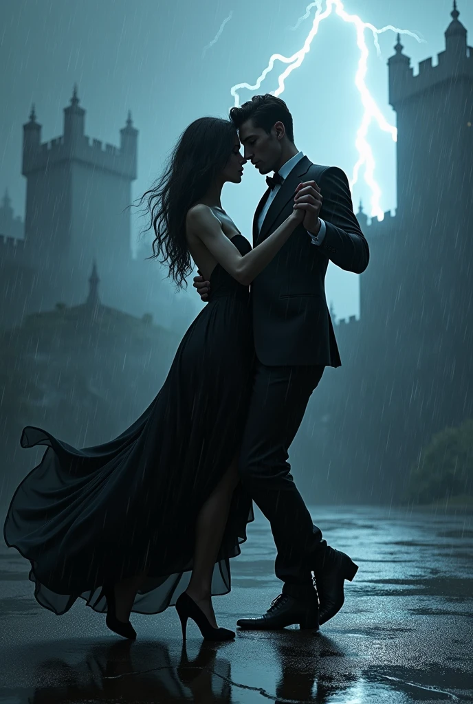 Two handsome skinny men dressed in black long suits without a shirt under the rain dancing bautiful liar on top of a black castle falling rain and lightning