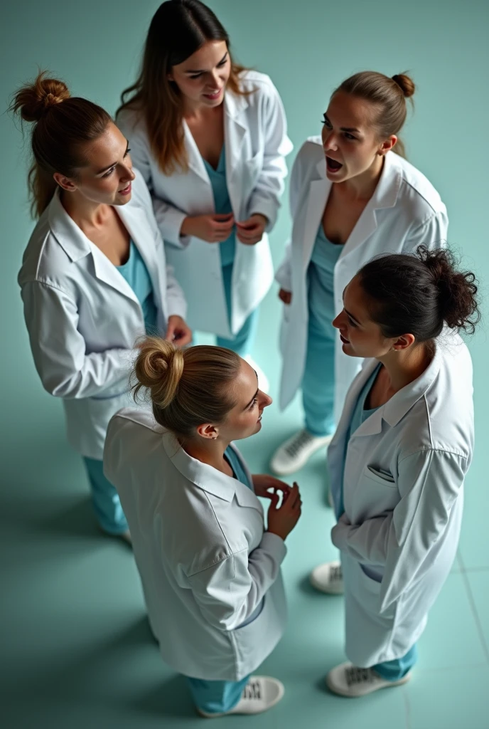A group of sexy female white scientists screaming. Standing on the tile floor. Shot from a bird's eye view. Looking at viewer