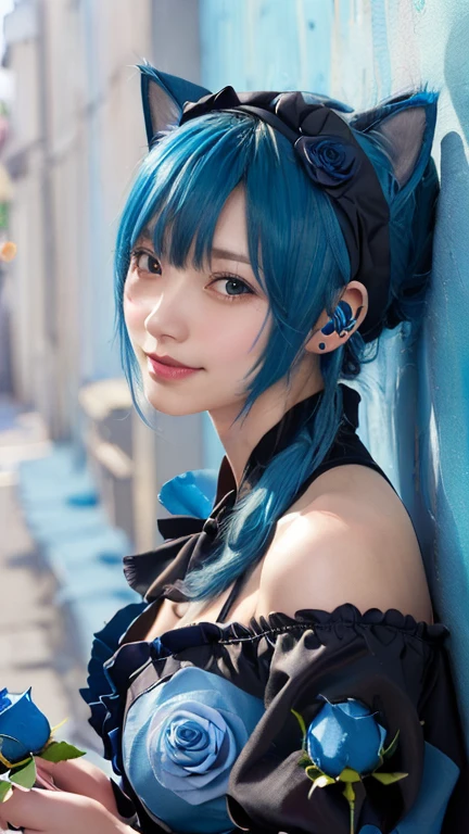 (Emo art:1.6), masterpiece, 4K, Bokeh, high school girl, Beautiful Face, (Cat ear:1.3), (Blue Hair:1.6) , (Japanese Idols:1.6), Blushed, (Blue maid costume :1.4), Looking at the audience, close,
(Blue Background :1.4), ( A wall of lots of blue roses:1.6),Cute smile,((ponytail))