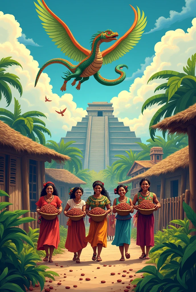 Make an Aztec village with happy people carrying baskets full of cocoa and place it in the background, in the sky a snake flying. I want this in the artistic style of the Mayans and Aztecs