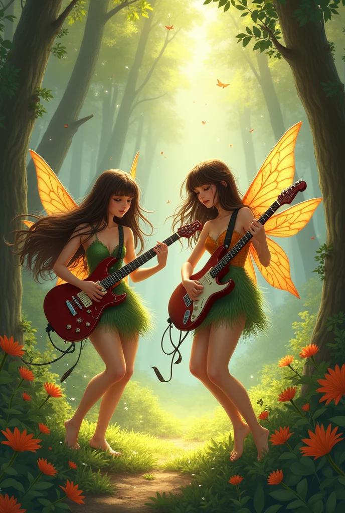Brunette fairies playing electric guitar