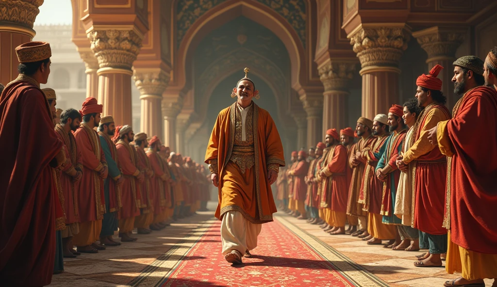 Birbal's Return
Show Birbal arriving back at the court unexpectedly, greeted by Akbar and shown the lion cage.