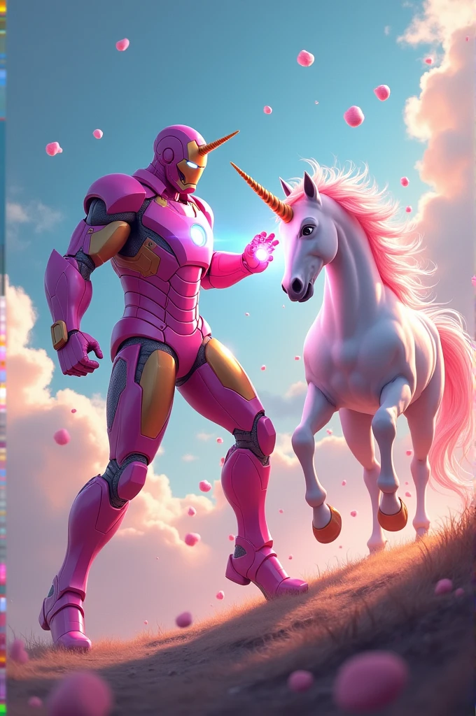 Iron man con armatura rosa che lotta con un unicorno sparando Marsh mellows
