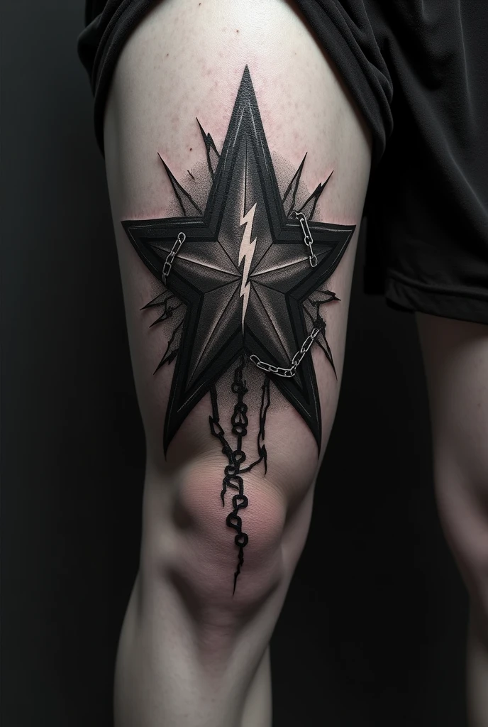 a star knee tattoo design with lightnings and chains