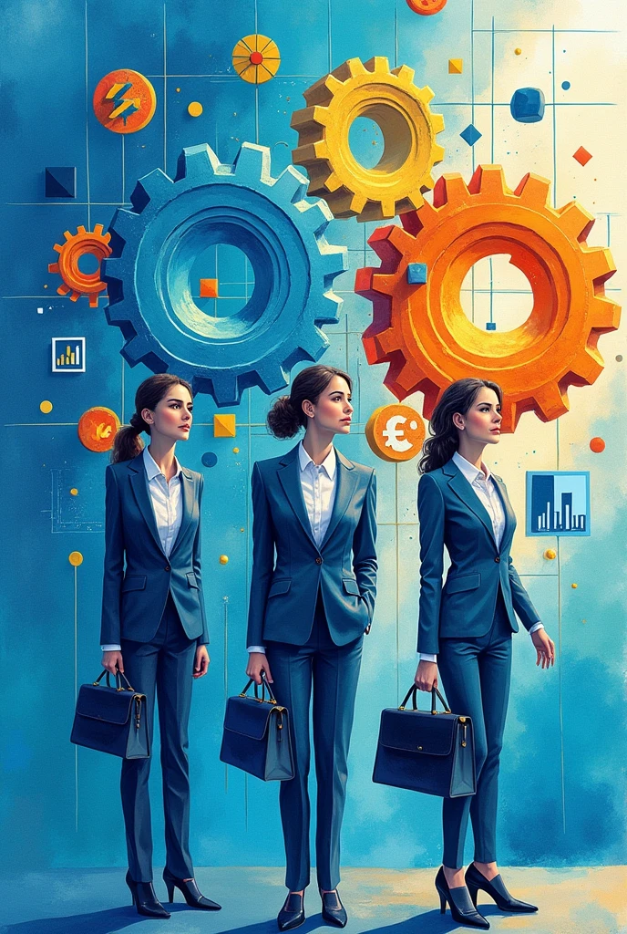 Create three-dimensional gears, circles, and squares, currency, graph lines, and many business woman Wear a dark blue suit images. Using watercolor and mixed media Use bright colors The light source is in the upper right corner,background blue. --ar 2:3