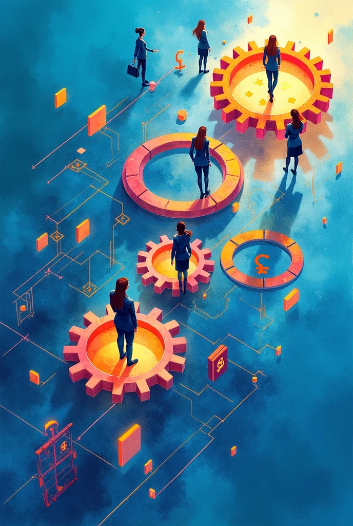 Create three-dimensional gears, circles, and squares, currency, graph lines, and many business woman Wear a dark blue suit images. Using watercolor and mixed media Use bright colors The light source is in the upper right corner,background blue. --ar 2:3