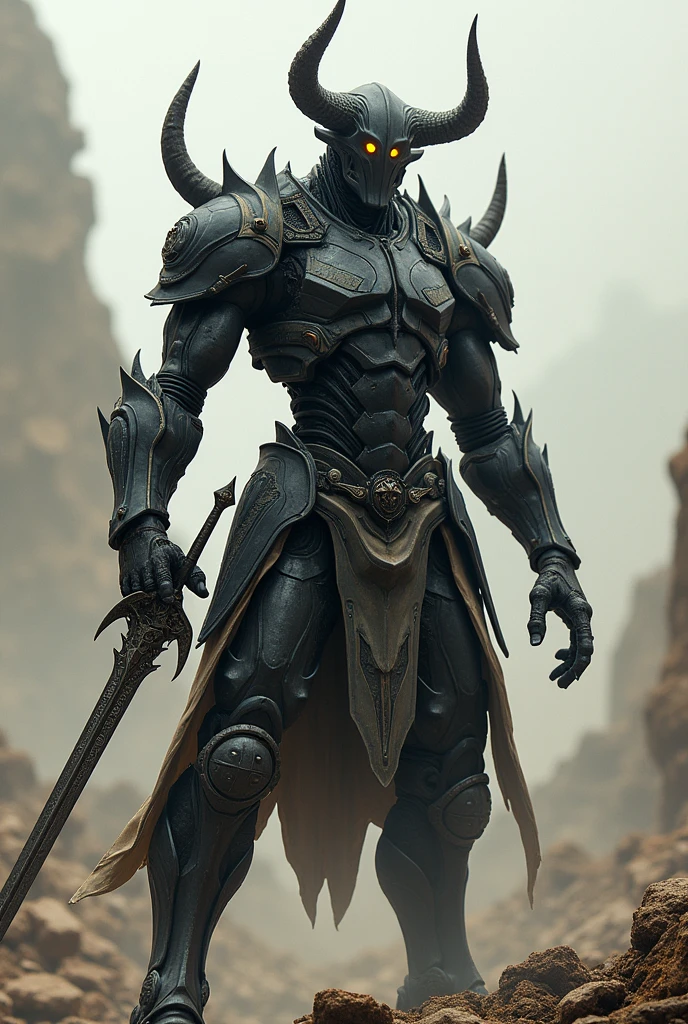 Imagine a two-meter humanoid with legs made of a mixture of flesh and metal making it look like armor that covers its entire body including its face that does not seem to have visible features since it seems to be covered by a helmet with only two luminous points where its eyes should be.,On the part of its skull it has horns making it look like a crown.He is serious and reserved.He has no clothes as practically his entire body is covered by his techno-organic skin similar to a black comor armor mixed with gray..He always carries a sword with engravings on its blade that faintly mock.He has the ability to control the cone energy that he channels into his sword to attack..He lives in a ruined world without many resources that is in constant war. He is a warrior who only fights to survive.