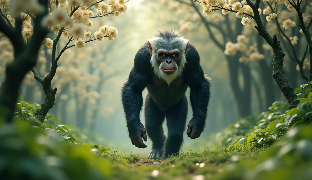 Front view,There is a wild beast in the osmanthus forest,Ape with white ears,Walking upright(best quality,4K,8k,High level,masterpiece:1.2),Ultra Detailed,(lifelike,Photo real,Photo real:1.37)