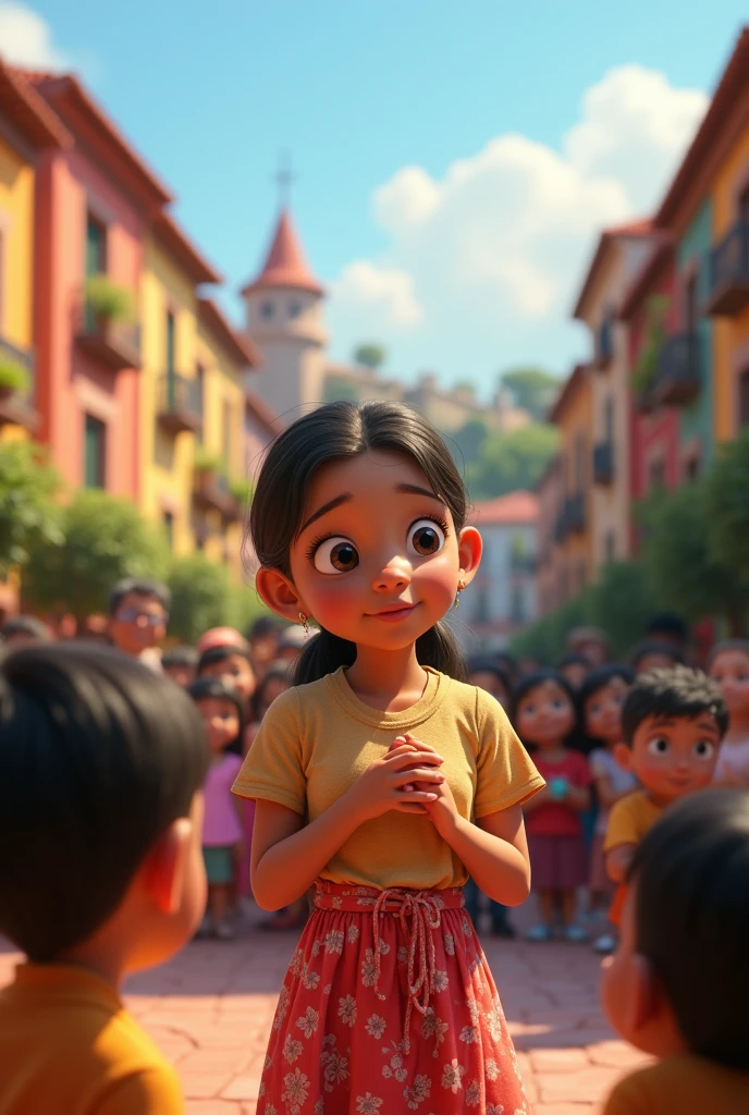  Latina girl is reciting a poem in a town square, Many children and teachers look at her pixar style drawing 