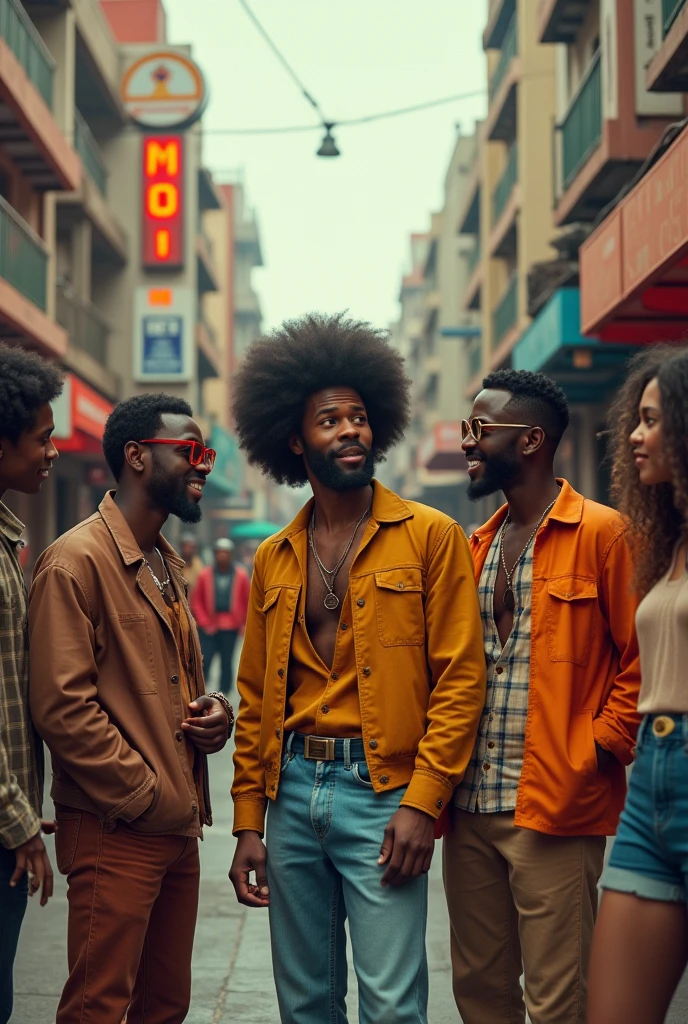 An afro man with a 70's class in the street with friends listening to realistic music