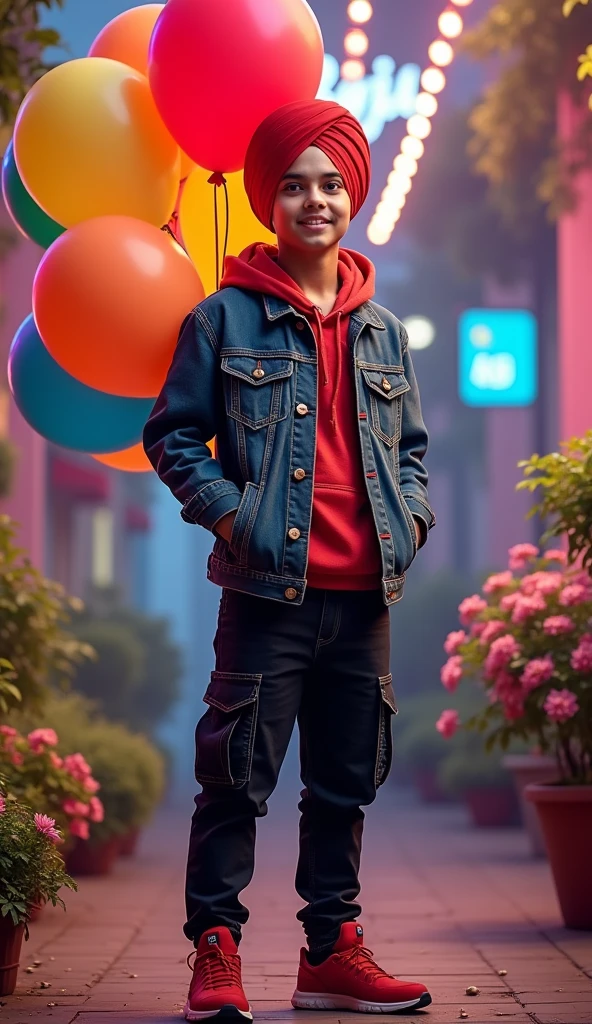 A 16 years Punjabi boy wear a red colour , turban ,hand in colourful balloons on bold name "RAJU" , red denim jacket , black cargo jean , , red shoes , , , realistic, background in flowering. Lighting plant, ear in bluetooth , modern style ,