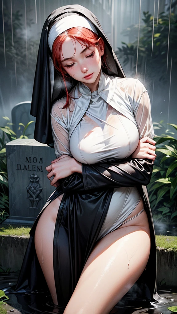 ((highest quality)), ((masterpiece)), (be familiar with), Perfect Face, (High definition), (Best Shadow), 8k, cinematic, (Realistic:1.4),dramatic, ((A nun hugging a tombstone)), ((Covered in mud:1.2)), (Red hair), ((extra short hair)), (Eyes closed), (Mouth open), (Anguished expression:1.1), (Pure white skin:1.1), Voluptuous body, (Large Breasts:1.1), Narrow waist, BIG ASS, Alluring, Soaked and torn robes, barefoot, Rain on the skin, Boneyard, Boneyard, (heavy rain:1.4), Heavy rain in the middle of the night, (steam:1.4), Top-down view, Bust Shot