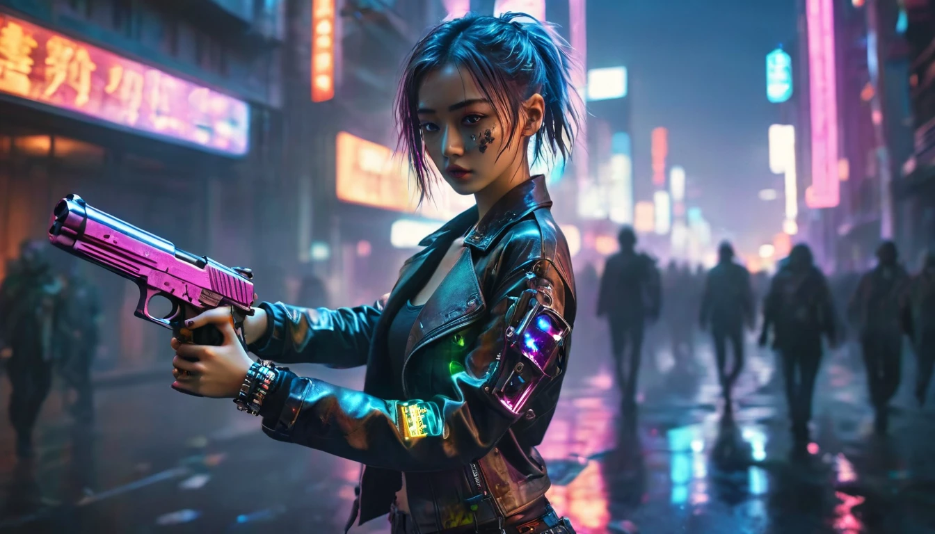 1 girl，beautiful，cyberpunk style,Bling Bling Bling Bling，motion blur，Hold the gun.,Zombies are all over the city.，Cinematic lighting effects