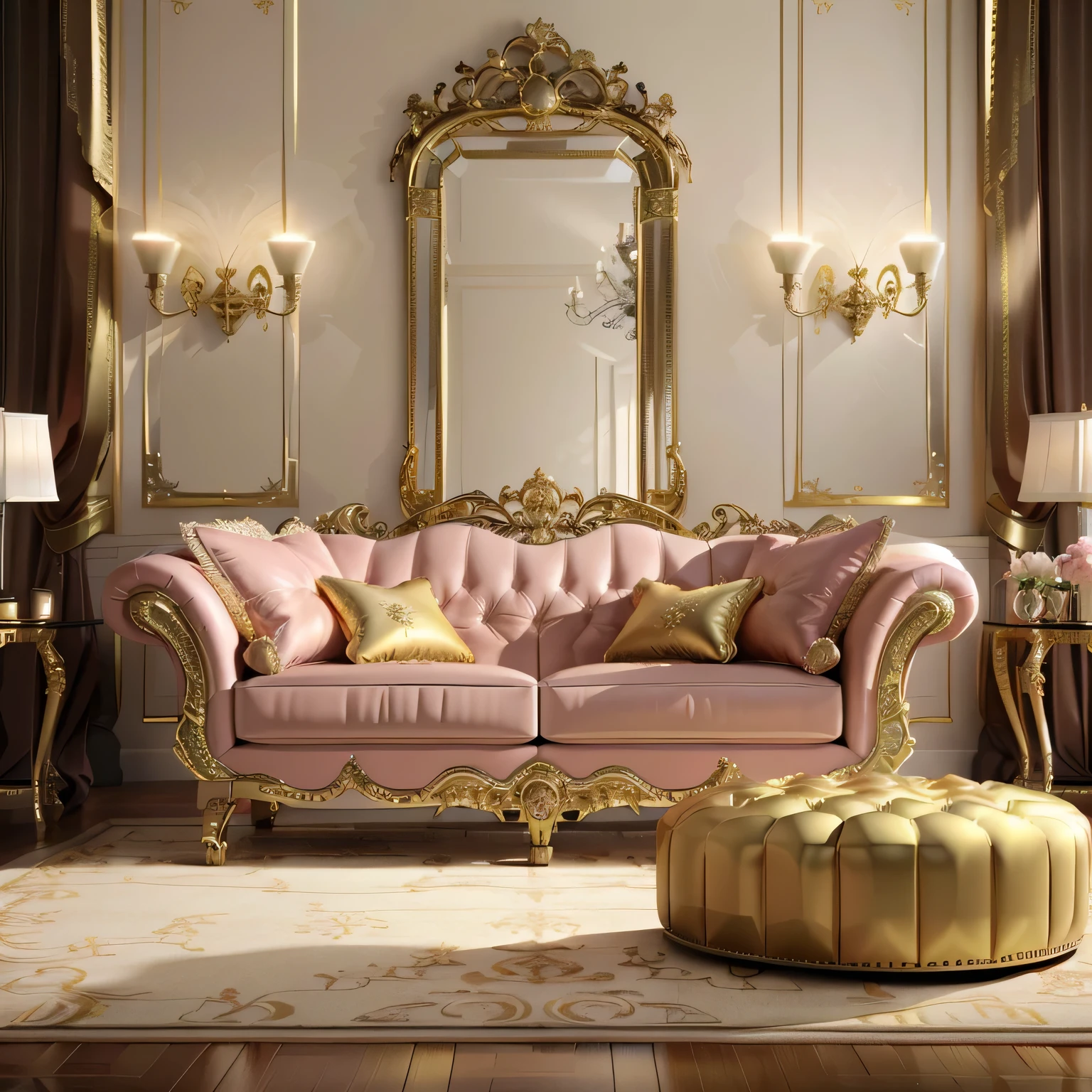 arafed living room with a couch, ottoman, and mirror, luxury furniture, elegant furniture, lavish rococo baroque setting, elegant baroque, luxury hd render, elegant render, rococo and baroque styles, baroque style, elegant and ornate, pink and gold color scheme, rococo baroque, furniture and decor, in a baroque style, baroque art style, ornate furniture, extremely hyper real, UHD, realistic lapms