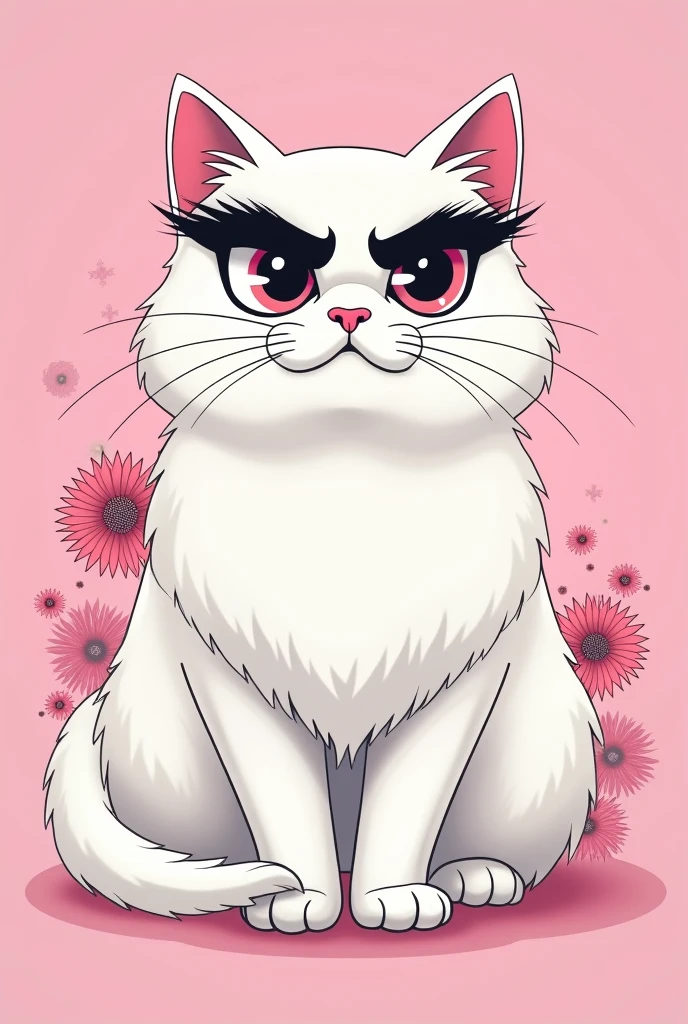 Japanese style snobbish white cat thick eyebrows light pink background and write Psychos that looks cool for gaming. Turn it into a logo