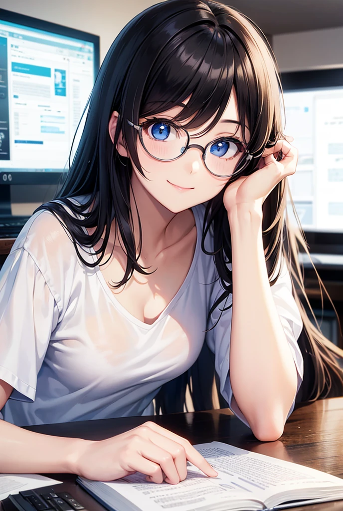High resolution, masterpiece, Highest quality, Beautiful girl,White T-shirt,smile, Black Hair, Messy Hair,Large round frame glasses,Background blur, Blue Eyes,Staring at the computer、Small breasts