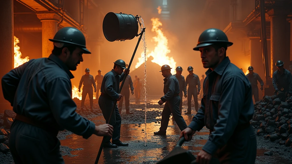Captivating and cinematic image, TITANIC ENGINEERS WORK IN THE TITANIC'S COAL STORE, THESE men work to put out a huge fire coming from the boilers, year of 1912 with Star Line clothes working in denim overalls, to contain fire in coal deposit. they throw buckets of water and have shovels in their hands