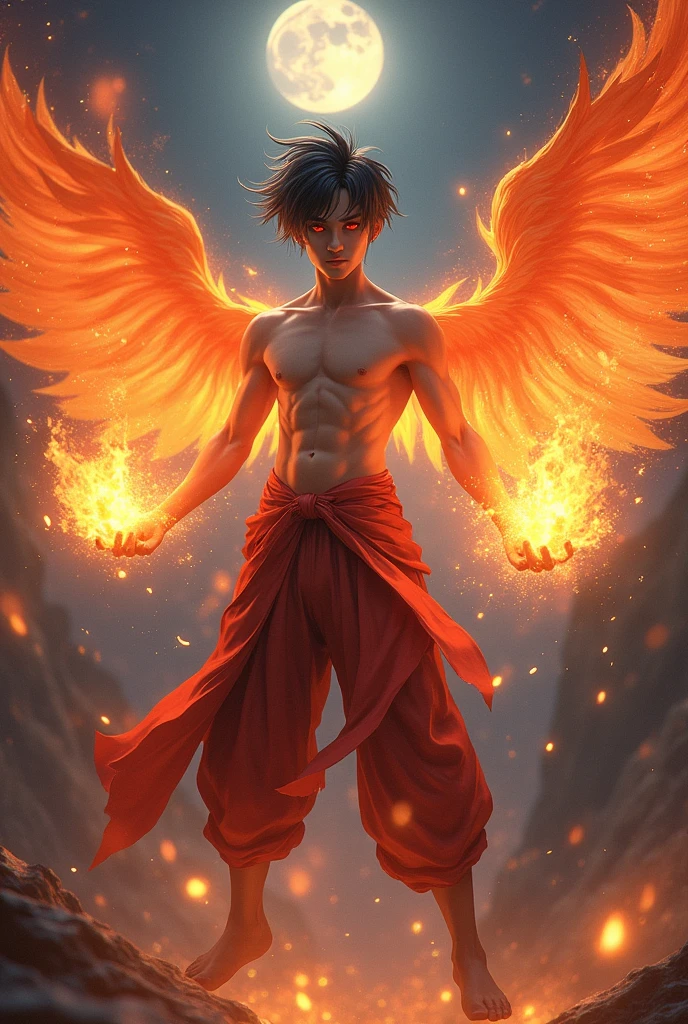 A Handsome Boy Age 17 with The eye color is bright reddish orange,Wear a Crop top Chinese shirt with a chinese pants Sixpack,with a Fire wings,Comma Hair Hairstyle,Black gradient Grey Hair,Carrying Fire With both hands,Flying at The sky,Illuminated by the moonlight at night,And Surrounded by Fire