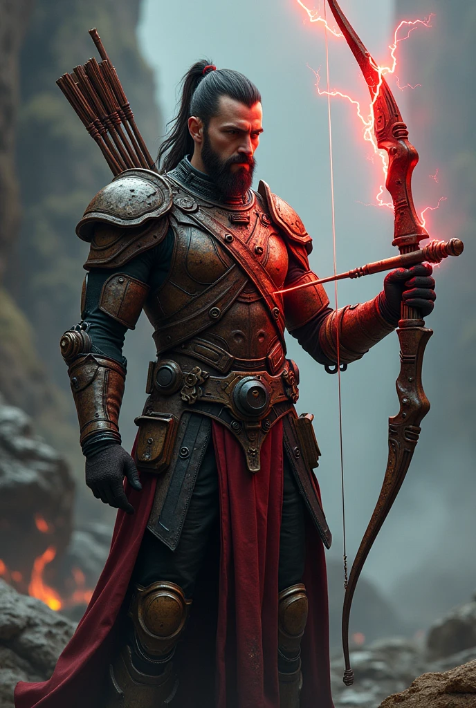 A fit warrior wearing a futuristc armour, his armour is a bit rusty, he has a ponytail and a small beard, his hair is black, he's holding a celestial bow emitting red lighting. 