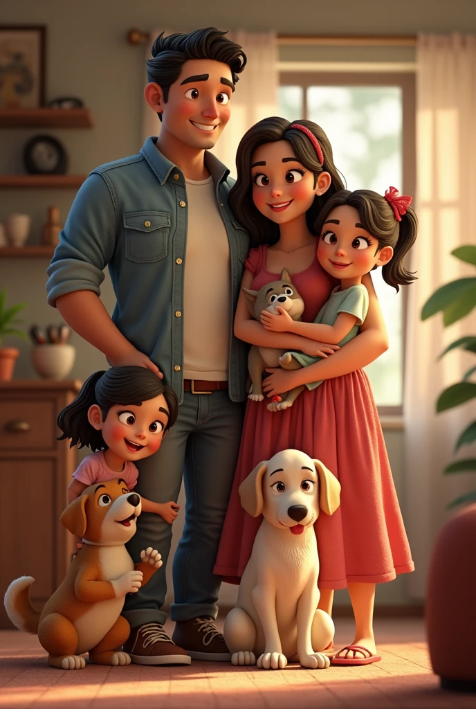 A father with a mother and three daughters with two dogs 
