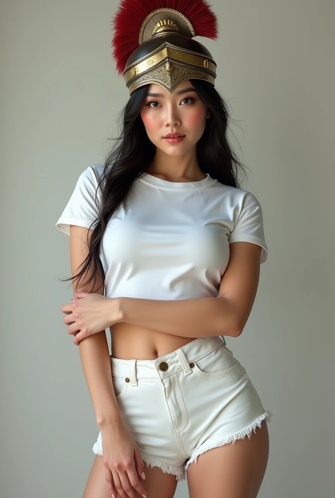 Ultra realistic photorealism attractive Chinese woman from the front with big breasts and big ass in white t-shirt with shorts standing 8k standing wearing a Roman helmet