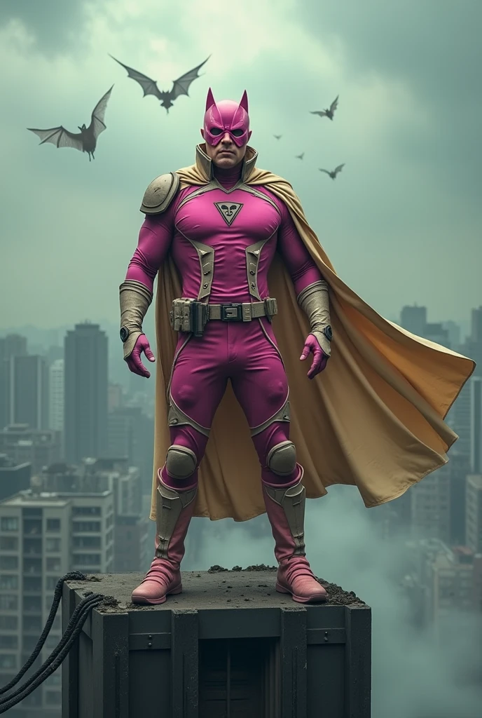 ((CLOSE UP HALF BODY PORTRAIT 1:3))Malaysia man in high-tech suit, vivid effects, malaysian superhero (KELUANG MAN) in a striking pink and(( beige costume cyberpunk design, mask small mini bat ear beige)), ((daredevil beige mask)), jumpsuit dark pink stands confidently in a dramatic.jumping from high place.hero costume.one hand rise up. Big triangle logo on the ?????.high detail Punisher logo on the ?????. Fighting pose , stormy landscape. ((Head covered node guard like batman. Running pose , athletic body type, small mini ear bat mask))The character wears domino mask a helmet with pointed mini torn ears and a flowing cape biege, open nose and mouth. Equipped with visible futuristic weapons on a belt,bullet proof jacket pink dark day.show fingers pose, dark night, big supermoon effect . Small logo on ????? triangle shape small punisher logo center triangle cyber logo center on ????? pink logo mini logo((WEAR LOOSE CARGO PANT.)) . rocky. Building top.smoke ground , bomb effect background, losse pants, losses costume.adding to --ar 3:4 --style raw --stylize 500 --v 6.1. chaos. Lot of small flying bat. One leg on the high stone. Man . Real man age 40 year old. One hand holding belt.one hand holding black rope hanging on building
