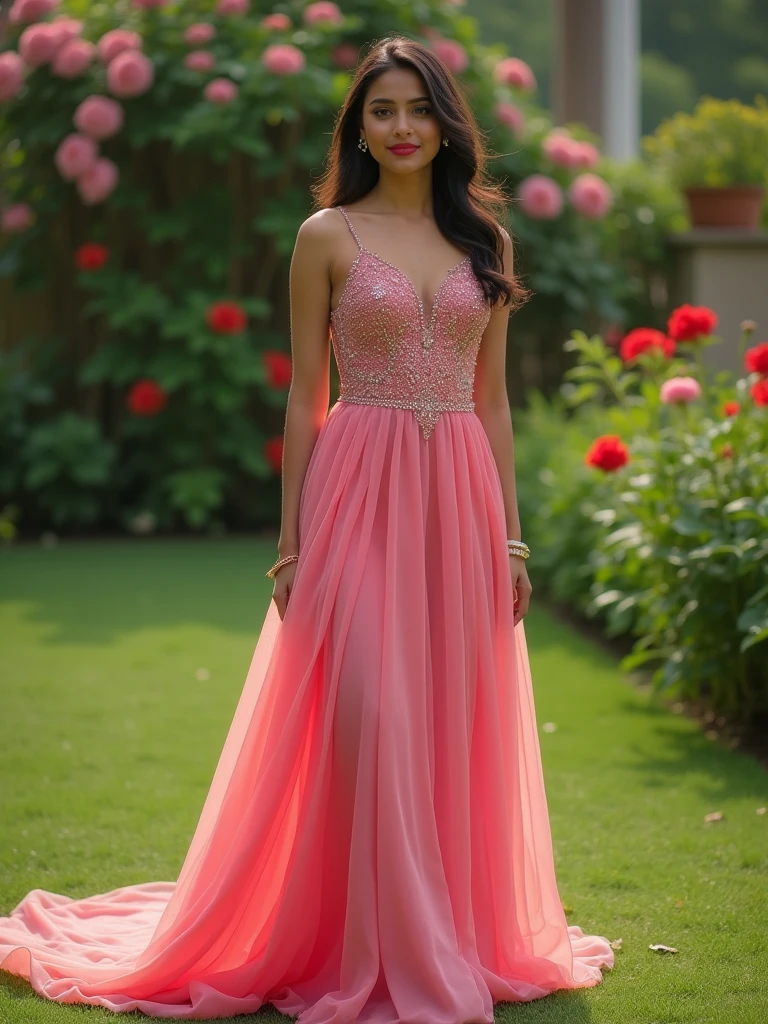 25yr old indian girl in the garden, Novance Y2406 Valentines Day Gift 2024 New Year Dresses for Woman Evening Prom Dresses Beaded Wedding Dresses with Long Tail, HDR, 8k, hyperdetailed, best quality, ultra-high resolution, HDR, 8k, perfect body with curves, perfect breasts, bright smile, (high quality detailing:1.6 face eyes nose ears lips curves skin body parts), 8k, having perfect body, walking on the lawn, , look at viewer