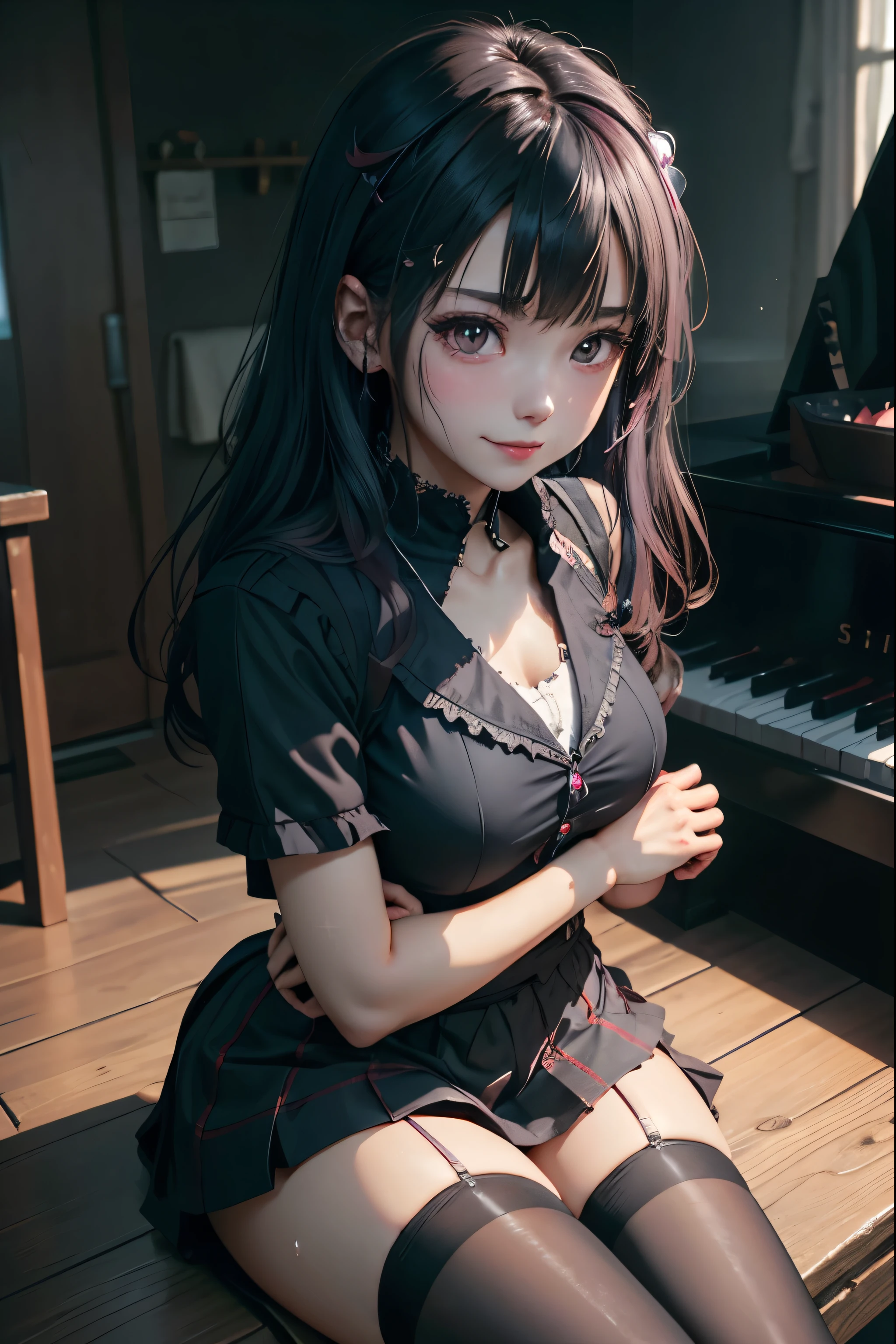 high school girlブレザー、high school girl、Red checked skirt、JK Style、Jacket、smile、garter、Knee socks、Panty stocking、Otherworldly beauty、Really cute、boredom、Extraordinary beauty、Dark black eyeshadow、sorrow、Good skin radiance、Long Hair Straight Hair、Dark Gothic Makeup、Dark smile、Beautiful woman、Stained Glass Background、On the table、Highest quality、5 reference books、Sweat glistens on my chest、Sweat glistens on my face、Thigh sweat、sweating、Black frill East size Regular size、Dark pink hair、、Sweat on your thighs、Sweat a lot and become sticky。、My thighs are sticky and shiny、Sweating on thighs and chest、Small breasts、Slightly slim、Sweating all over the body、play piano、sit and play an instrument、Thin legs、Two people、Lesbian couple、hug、My girlfriend has a really cute face、My female friend has a very beautiful face.、Do lesbian play、Super straight hair、Extremely fair skin、
