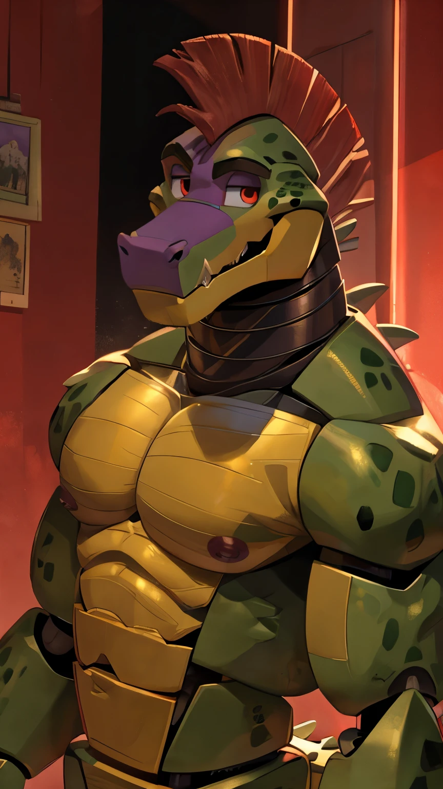 Animatronic, non humanoid robot, Montgomery gator, crocodile animatronic robot, muscular, red mohawk, dark red eyes, slight pink nipples, topless