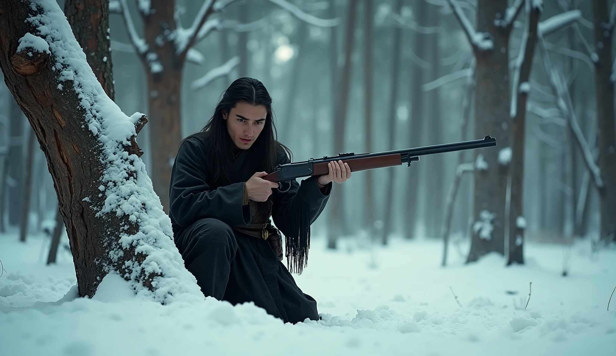A movie still of a gritty, intense scene set in the 1800s Wild West. A handsome young Native American man with long hair and traditional clothing is kneeling behind a dead tree trunk in a snowy forest. He is wearing a dark robe and holding a musket. The man is aiming the musket at something off-camera. The background is filled with tall trees covered in snow, and the ground is covered in a thick layer of snow. The overall image has a desaturated color palette, with cool colors dominating.