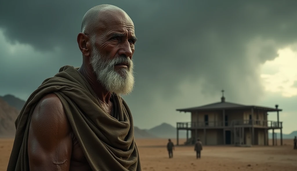 "Create a striking and realistic image of Job, An elderly man, in a desert setting. He must be standing, with an expression of pain and resignation, your eyes reflecting sadness and wisdom. Her body, marked by ulcers and wounds, must clearly show the suffering he faces. Your head is shaved, symbolizing distress and loss. Ao fundo, a hurricane is approaching, with lightning lighting up the stormy and threatening sky, creating an atmosphere of tension. The casa de Jó, an imposing building for its time, must be visible, but it seems vulnerable in the face of the storm. The color palette should be dark, with shades of gray and brown, to emphasize the desolation of the desert and the hopelessness of the situation. The image will be used as a thumbnail on YouTube, then it must be attractive and attention-grabbing, conveying the intensity of Job's story."