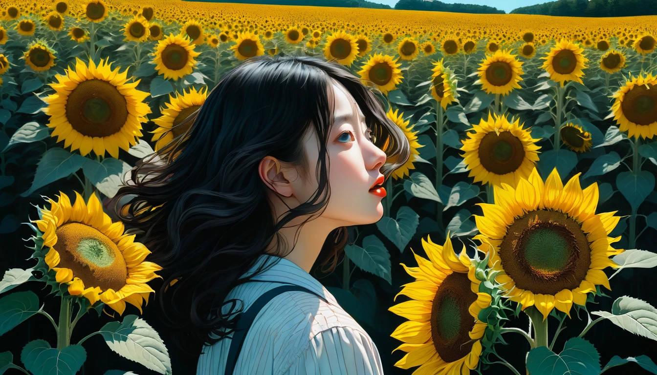 An illustration、art、Supervised by Junji Ito、Overaction、Overreaction、Pretending to be scared、Attention to detail, Realistic shadows、Analog Style, chromatic aberration, Surrealism、sunflower
