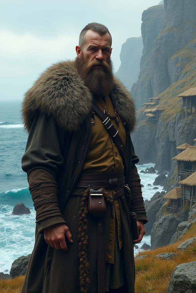 I want you to generate an image of a Viking village in which.you can see the sea in the background and a person standing with a beard