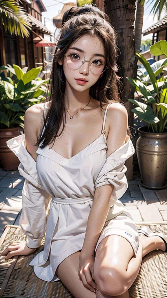 ８ｋ、High resolution、Beautiful woman of primitive times、young、white skin,、narrow eyes,high nose,lighting that illuminates the face、clear image、intellectual beauty、skinny、no makeup、The expression you show to your lover,shining hair、single eyelid,、vivid pose、looking at camera、relax on vacation、wearing a glasses, full body ,Thigh