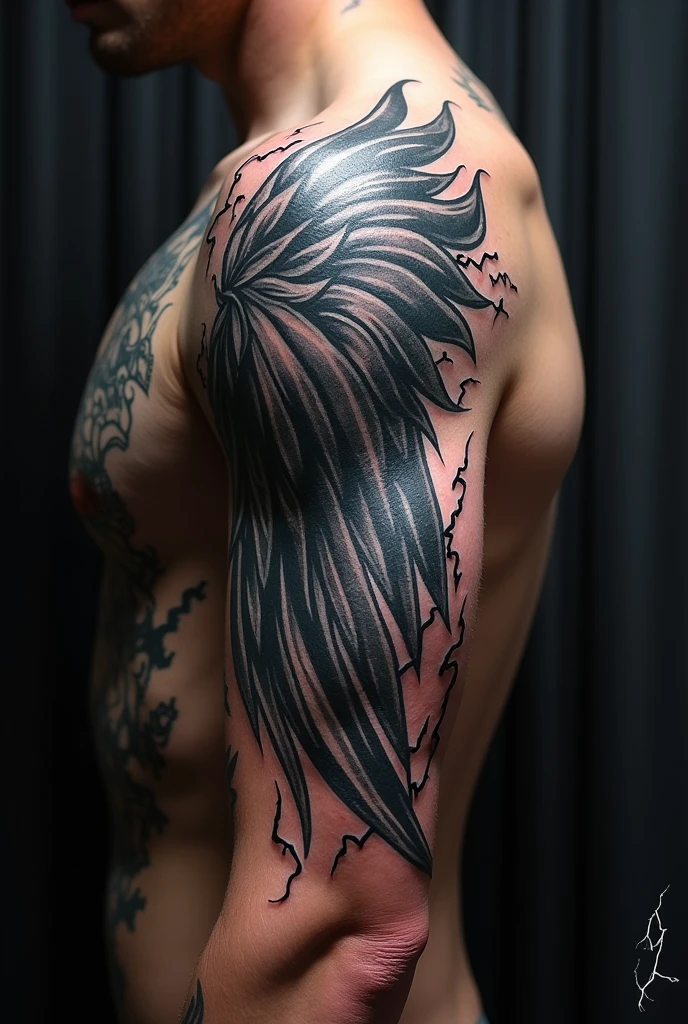 A tatto design with a wing and lightnings on right shoulder 