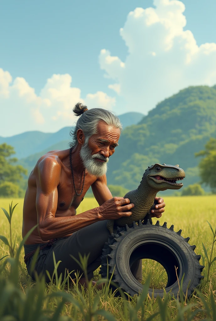 An old Cambodian man is making a picture of a dinosaur from a car tire in a field with a view of the countryside in Cambodia.