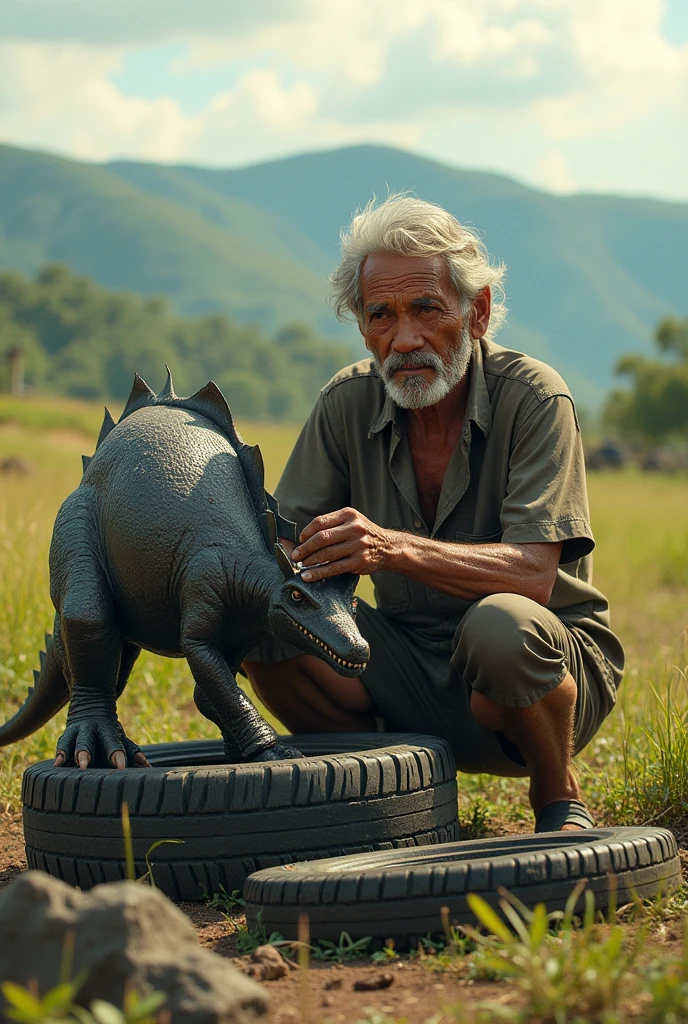 An old Cambodian man is making a picture of a dinosaur from a car tire in a field with a view of the countryside in Cambodia.