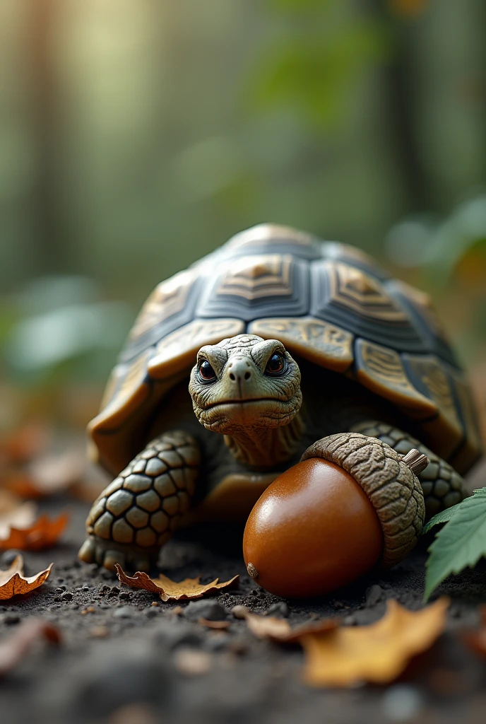 picture of a tortoise and an acorn lying beside it. 