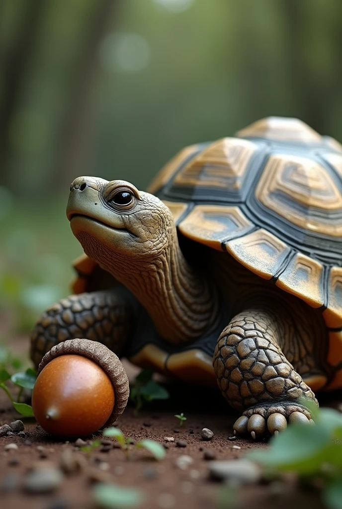 picture of a tortoise and an acorn lying beside it.