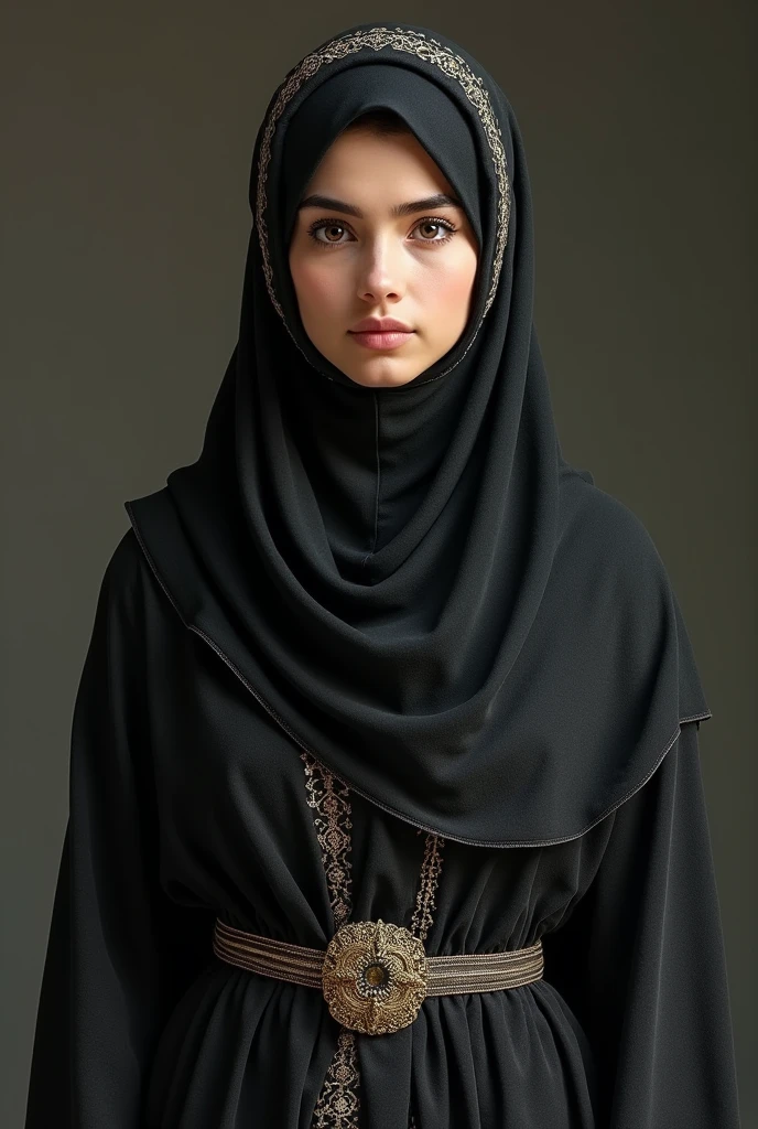 (photorealism:1.2), portrait of a young afghan muslim woman wearing hijab, abaya, no chin dimple, not smiling, looking at camera, frontal view, standing streight, UHD, 4K, very high detail, hyperrealistic