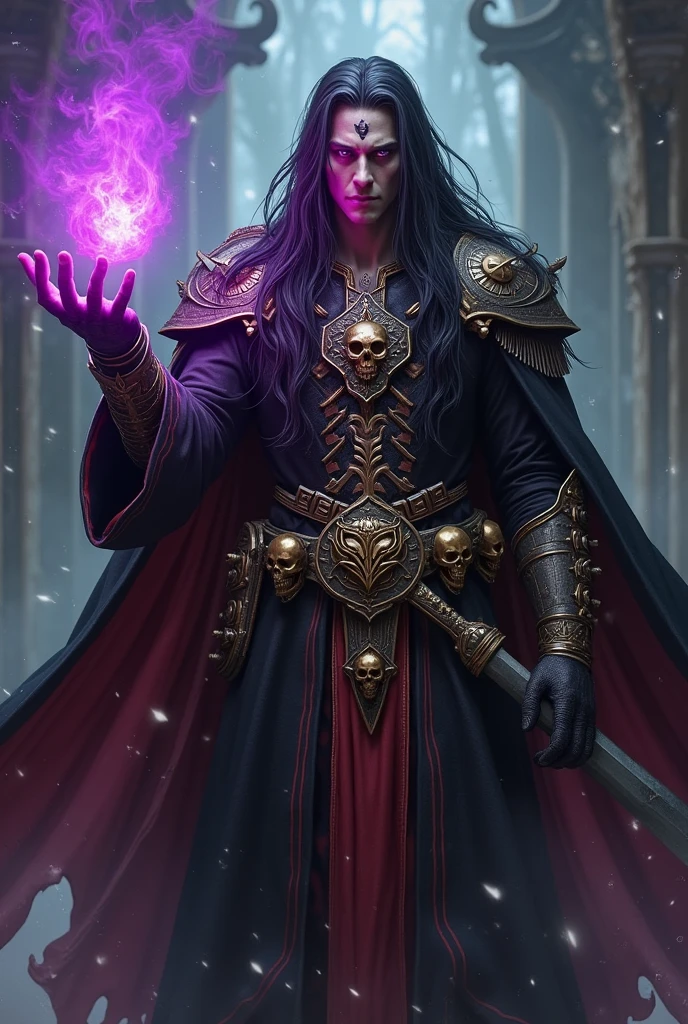 Man with long black hair with white streak Violet eyes Inspired by a Psyker from the Warhammer 40k universe Black clothes with red details and golden skulls Silver sword Scar on the left eye Conjures purple flames in one hand