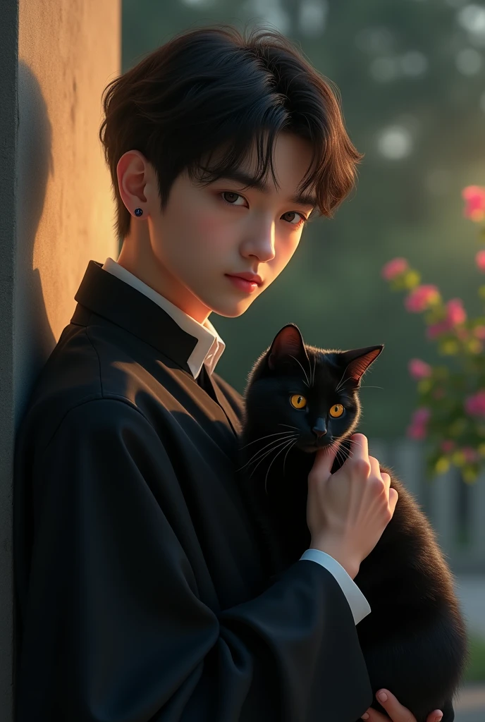 Create a realistic photo of a charismatic, cute, innocent and handsome filipino-korean seminarian holding a black cat for my cover in my novel about a boys love story of a seminarian and vampire.