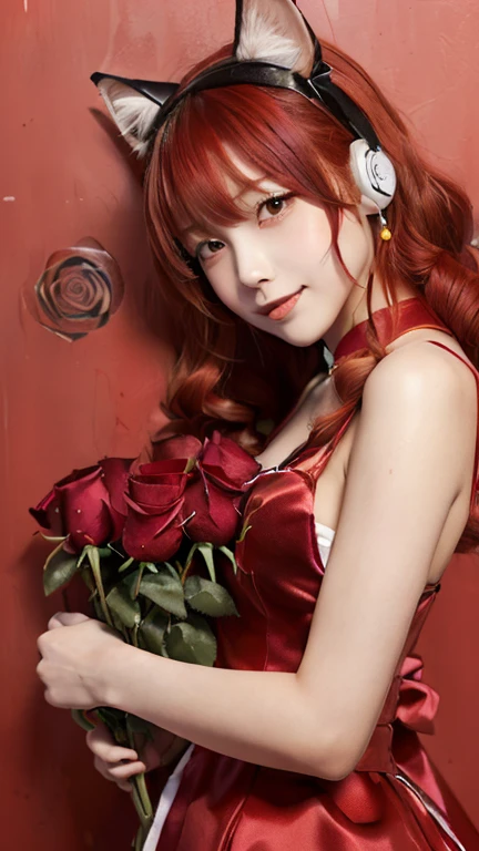 (Emo art:1.6), masterpiece, 4K, Bokeh, high school girl, Beautiful Face, (Cat ear:1.3), (Red Hair:1.6) , (Japanese Idols:1.6), Blushed, (Red maid costume :1.4), Looking at the audience, close,
(Red Background :1.4), ( A wall of lots of red roses:1.6),Cute smile