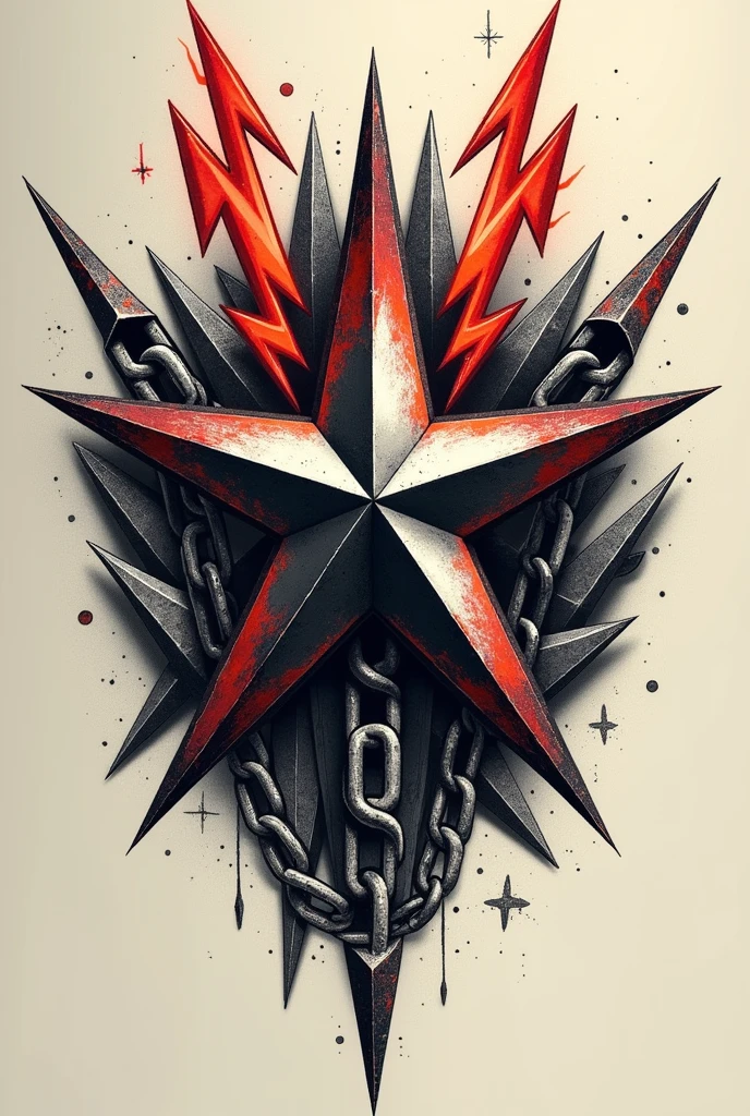 a star knee tattoo design with lightnings and chains around it