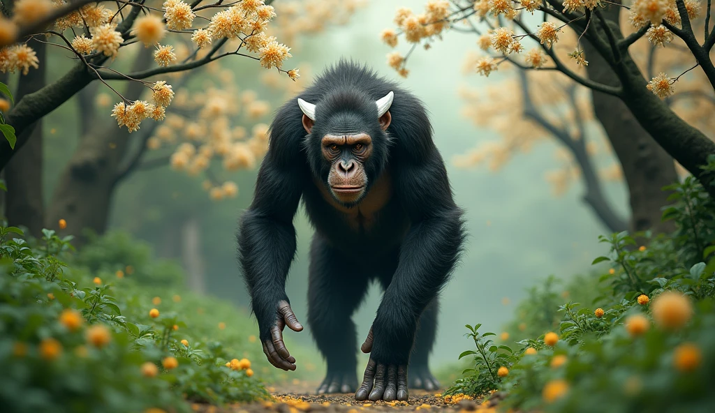 Front view,There is a wild beast in the osmanthus forest,Ape with white ears,Walking upright(best quality,4K,8k,High level,masterpiece:1.2),Ultra Detailed,(lifelike,Photo real,Photo real:1.37)